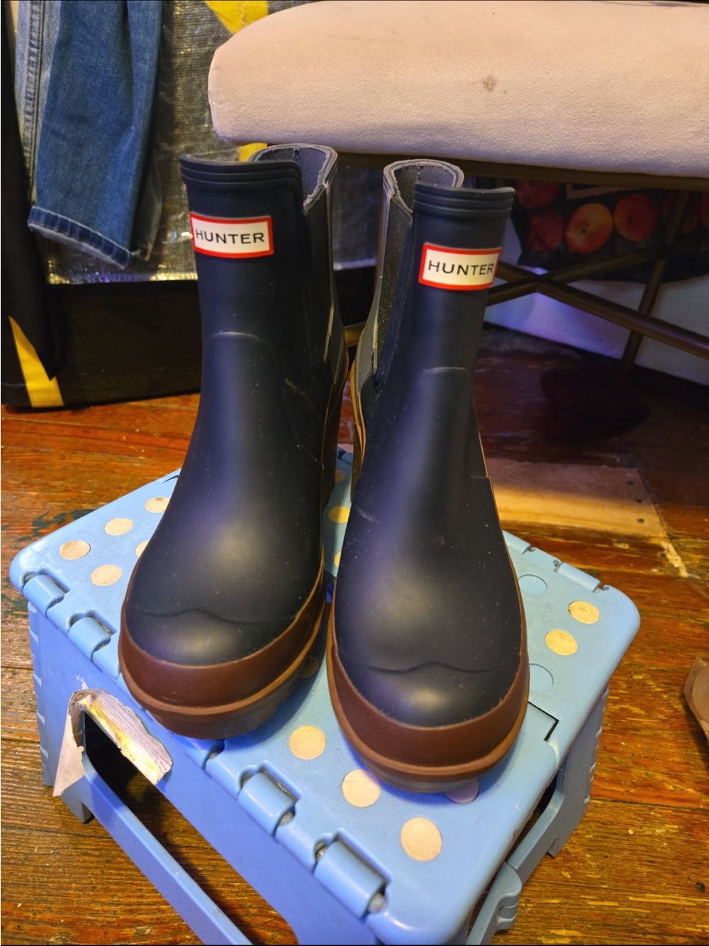 Hunter Chunky Heel Navy & Brown Rain Boots